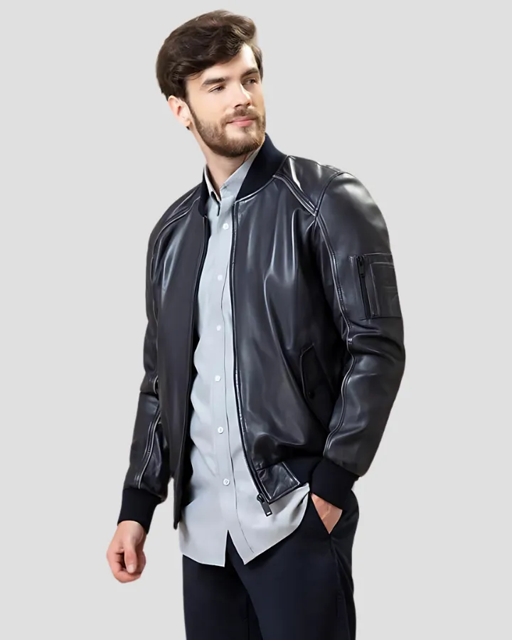 Abramo Black Bomber Lambskin Leather Jacket