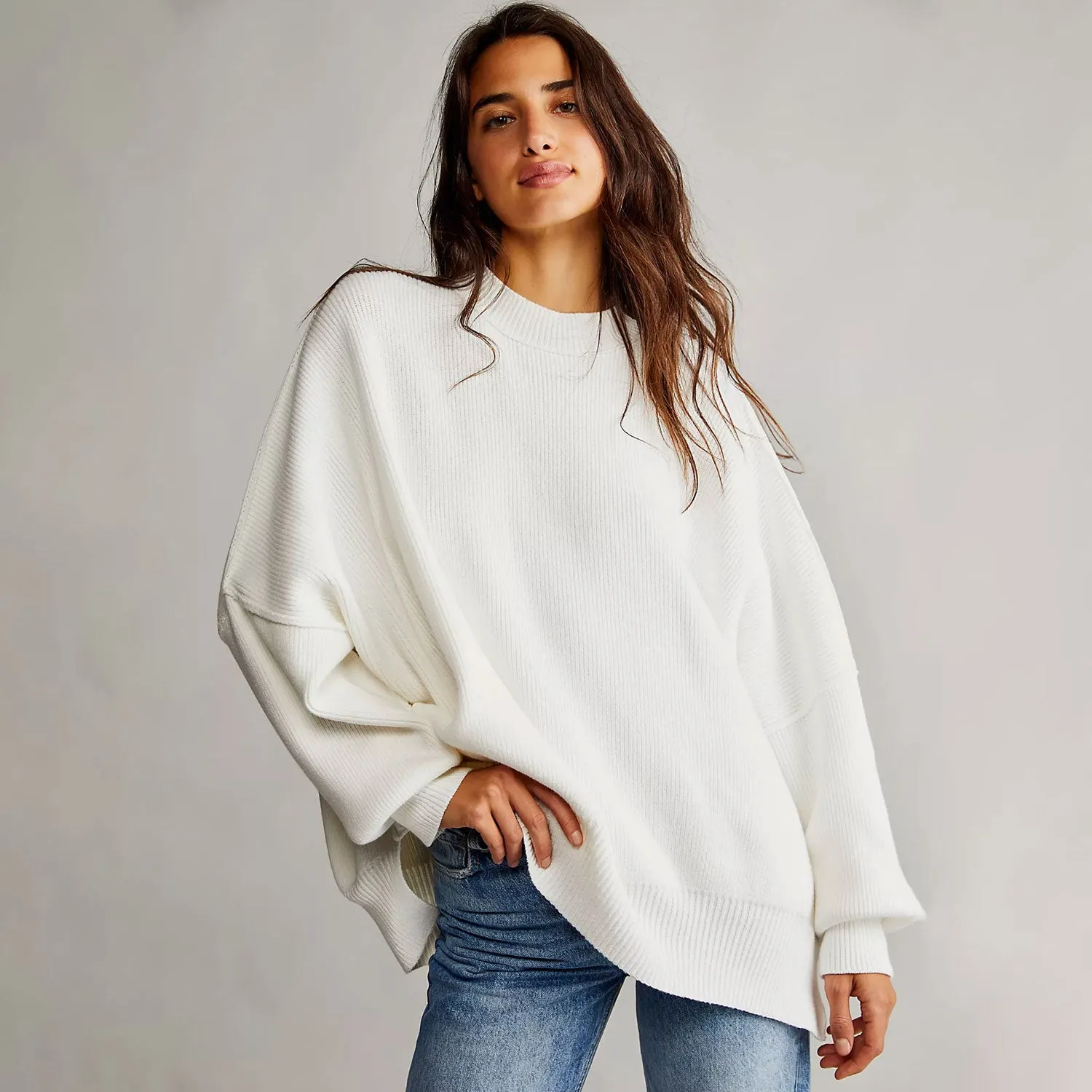 Athletic Crew Neck Drop Shoulder Long Sleeve Split Side Rib Knit Oversized Sweater