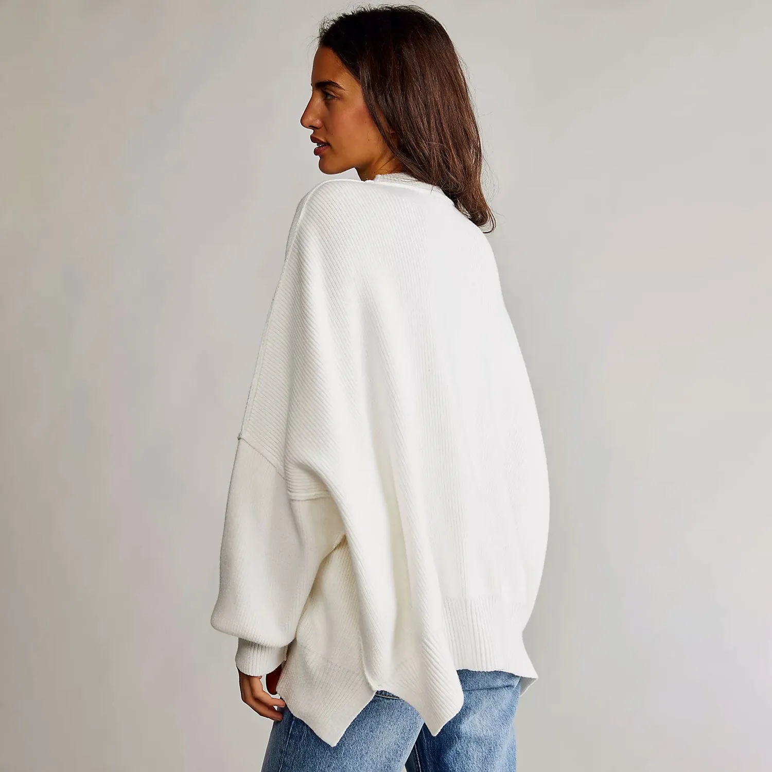 Athletic Crew Neck Drop Shoulder Long Sleeve Split Side Rib Knit Oversized Sweater