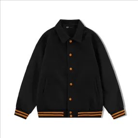 Black Byron Collar Wool & Leather Varsity Jacket With Orange Stripes - Jack N Hoods