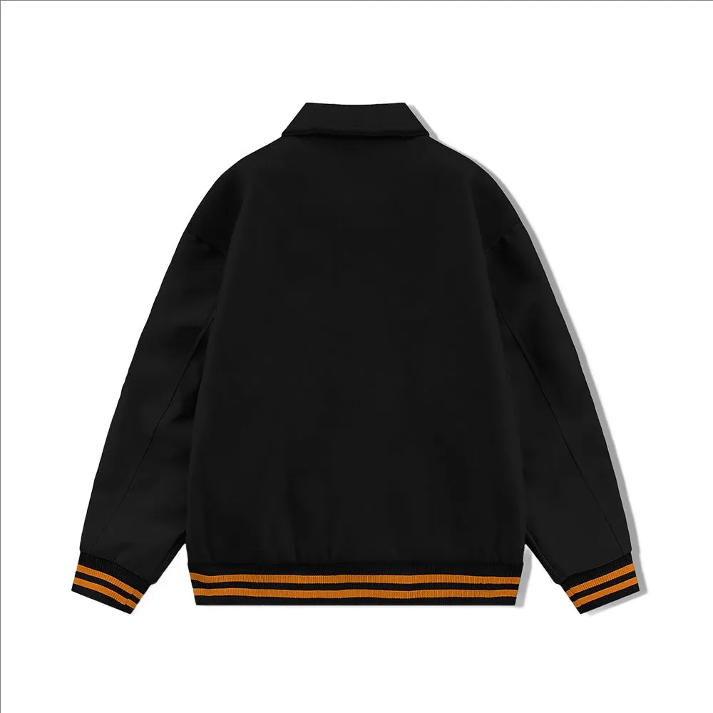 Black Byron Collar Wool & Leather Varsity Jacket With Orange Stripes - Jack N Hoods