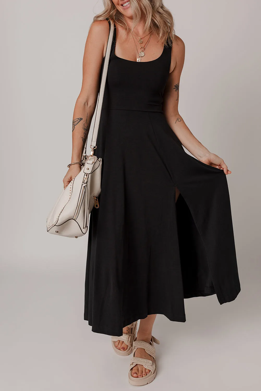 Black Sleeveless Scoop Neck Flared Split Midi Dress