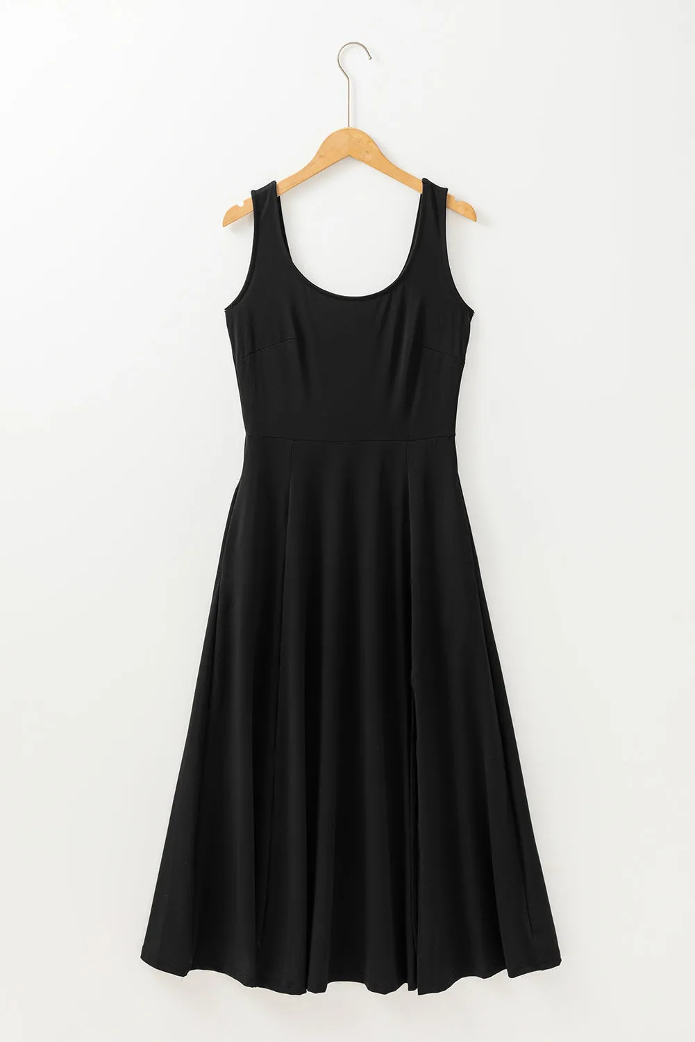 Black Sleeveless Scoop Neck Flared Split Midi Dress