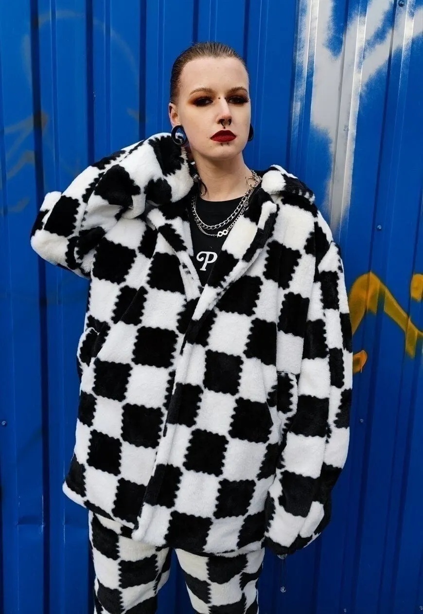 Chequerboard fleece jacket handmade fluffy check coat black