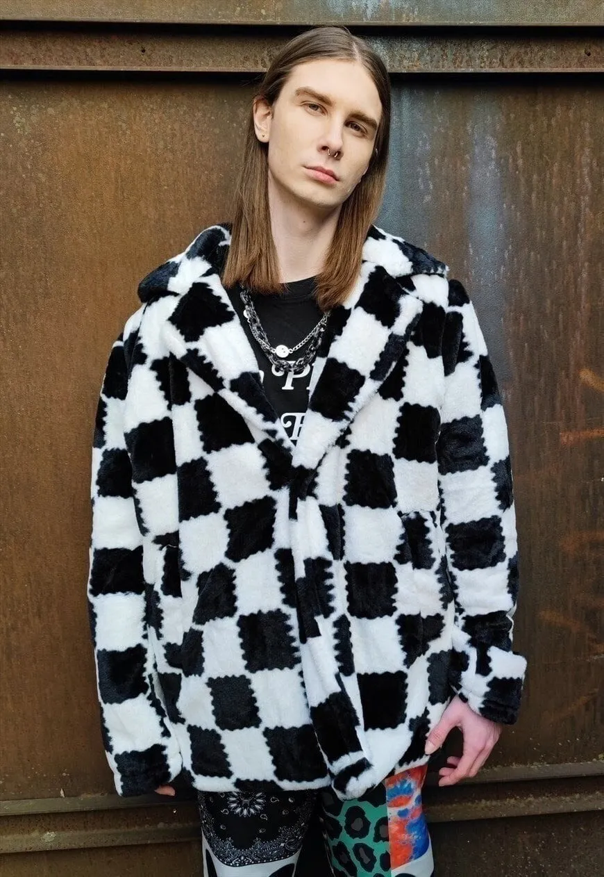 Chequerboard fleece jacket handmade fluffy check coat black