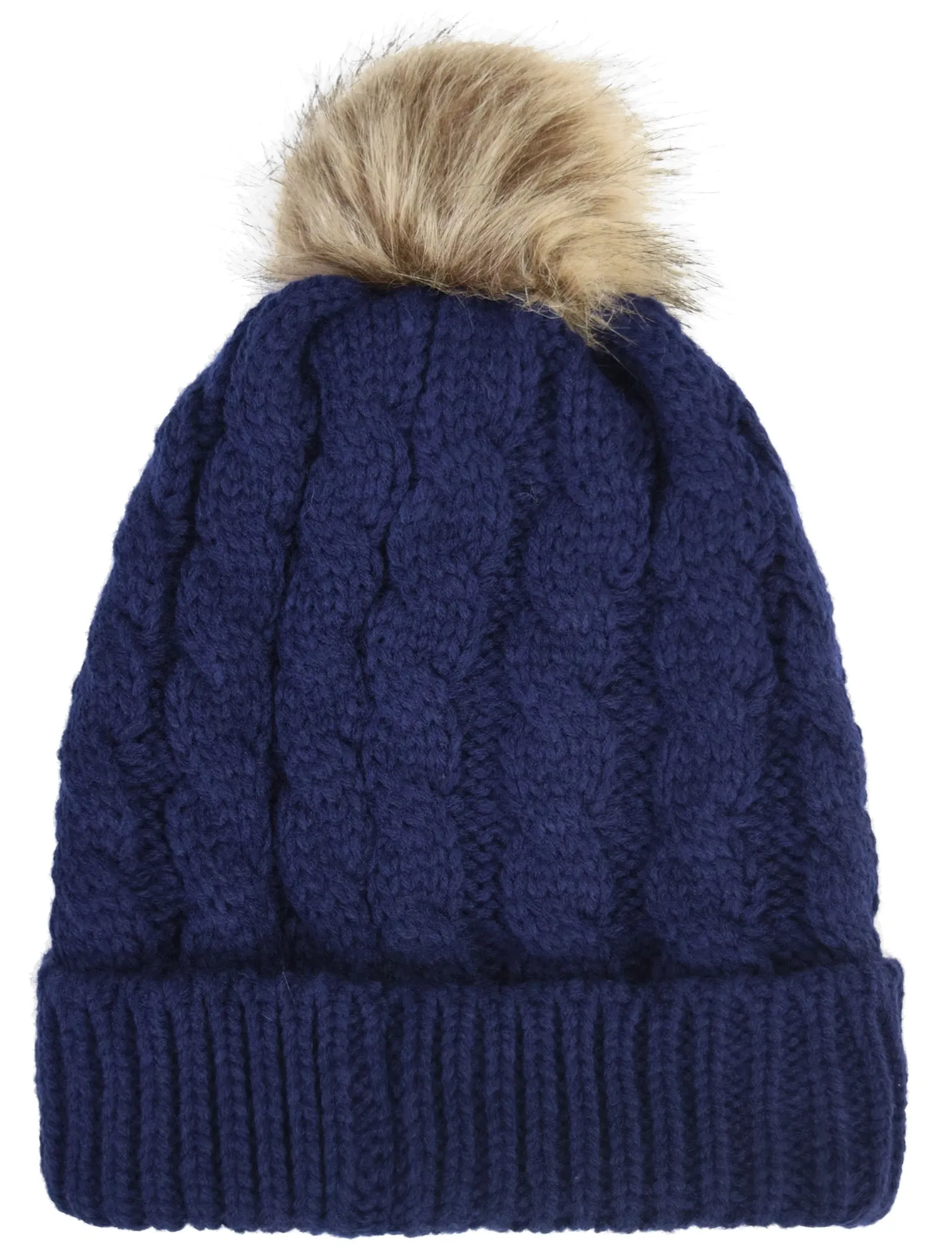 Devin Borg Lined Cable Knit Bobble Hat in Navy