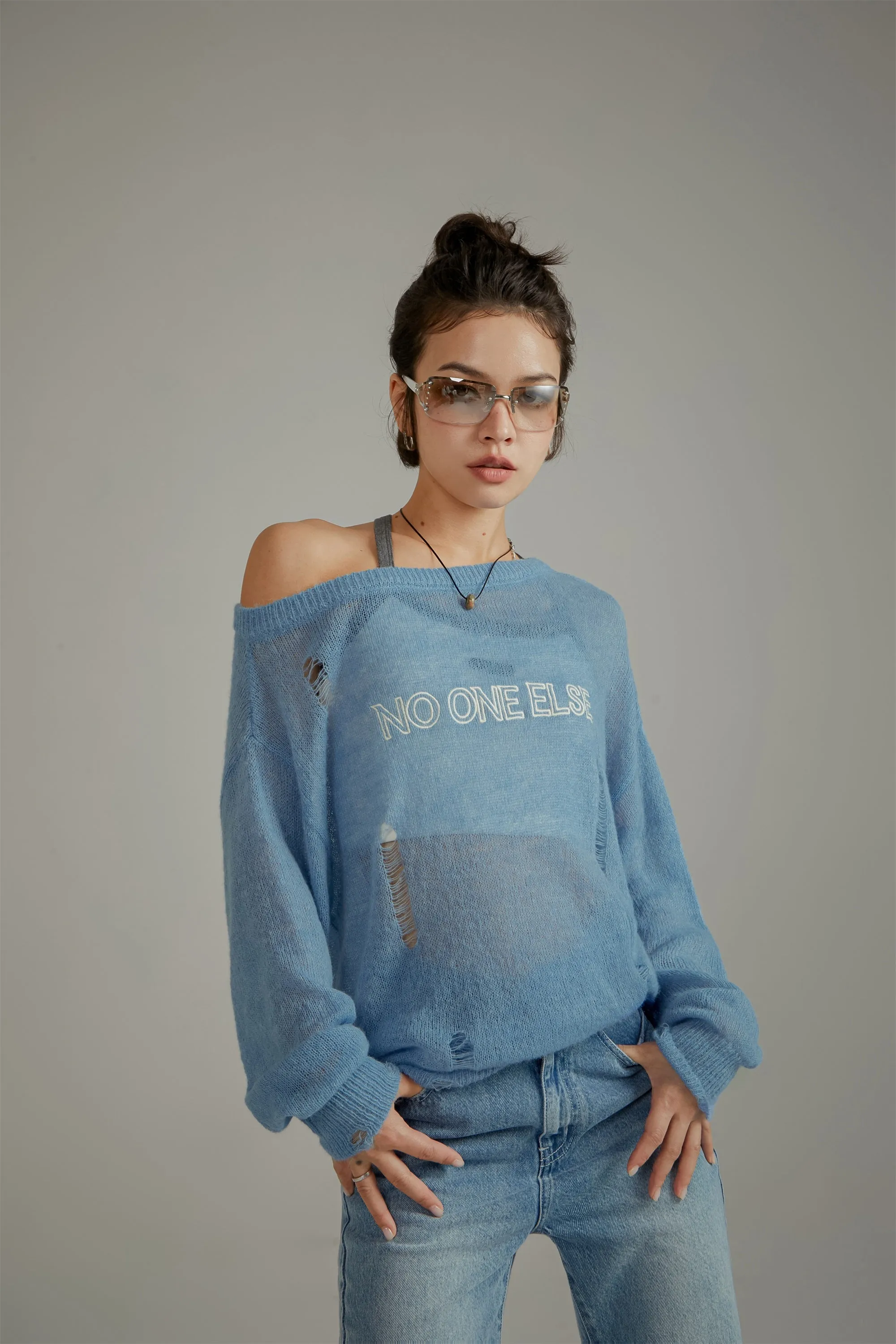 Distressed Ripped Thin Long Sleeved Knit Sweater