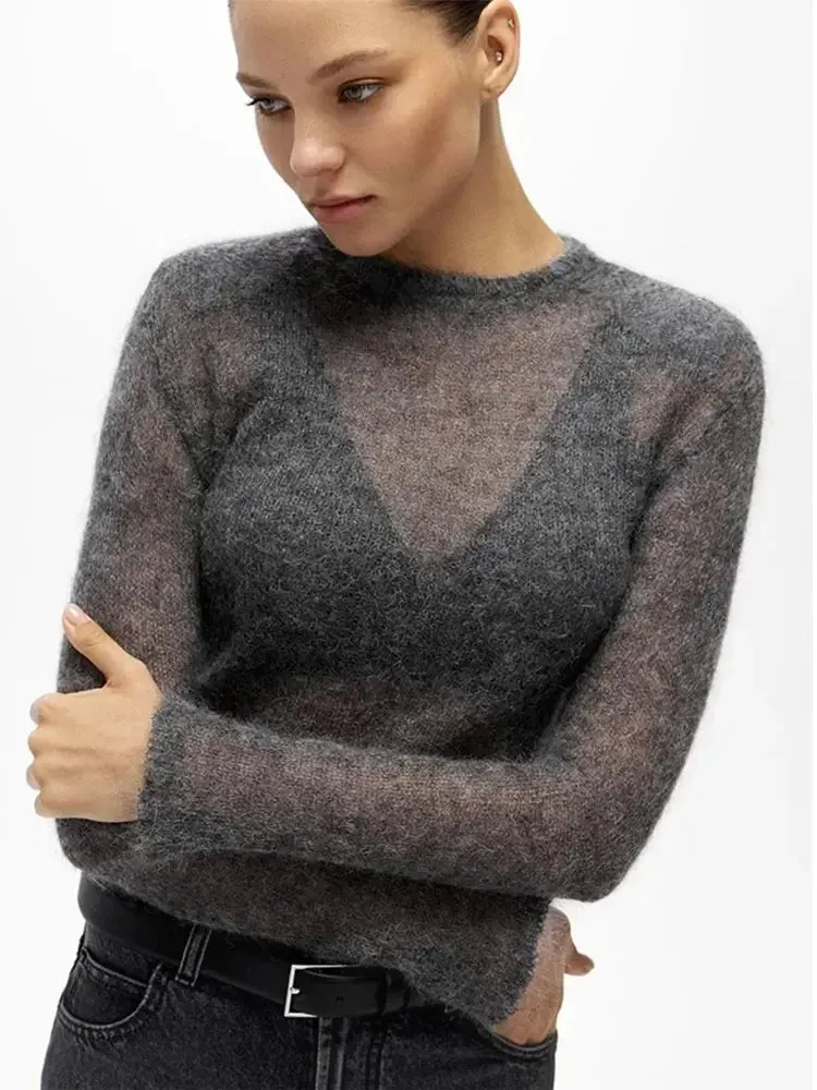 Fashion Solid Round Neck Thin Knitted Sweater Elegant Long Sleeve