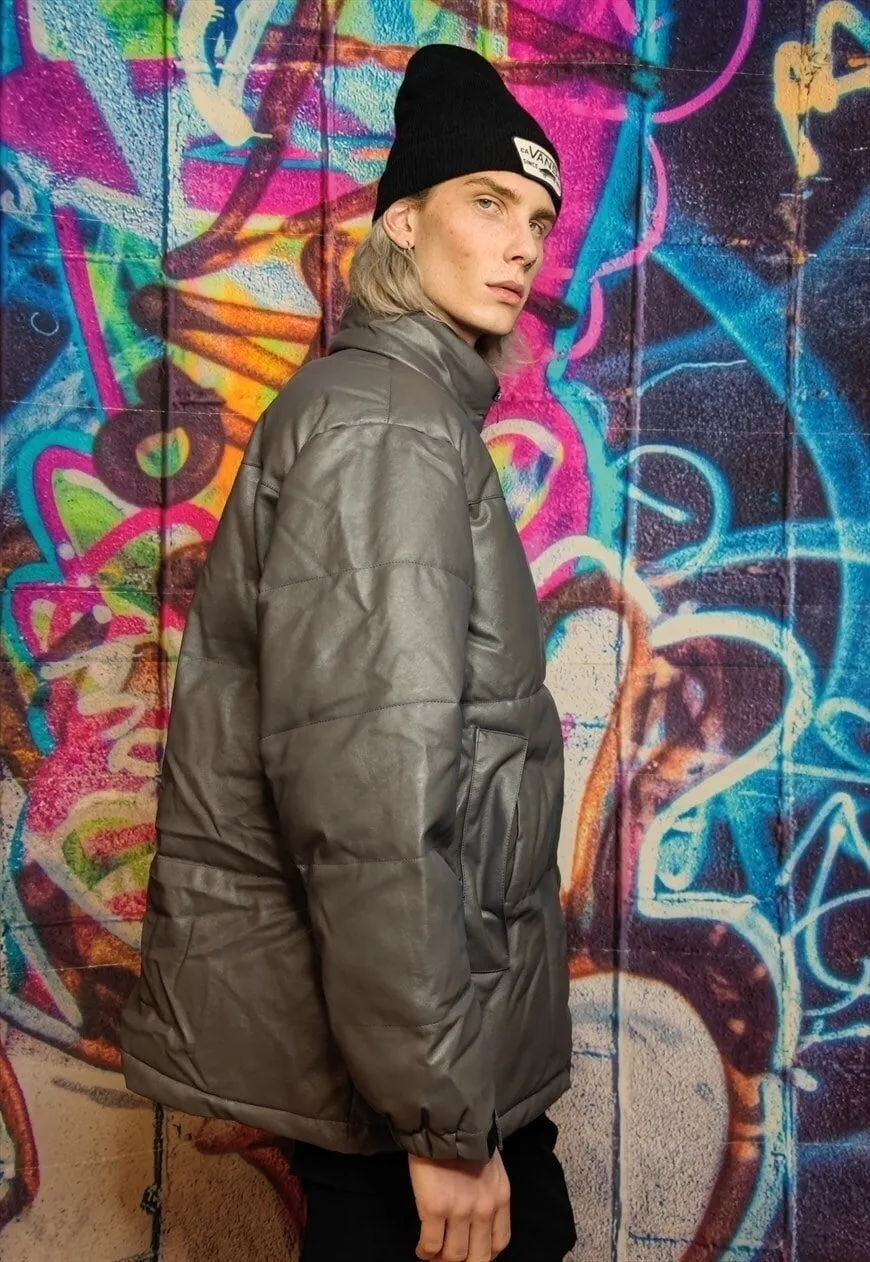 Faux leather quilted bomber PU padded puffer jacket in grey