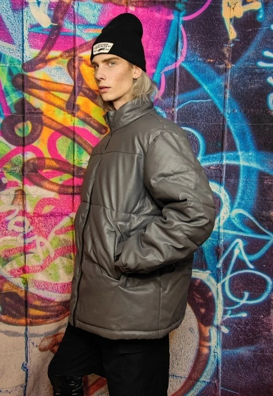 Faux leather quilted bomber PU padded puffer jacket in grey