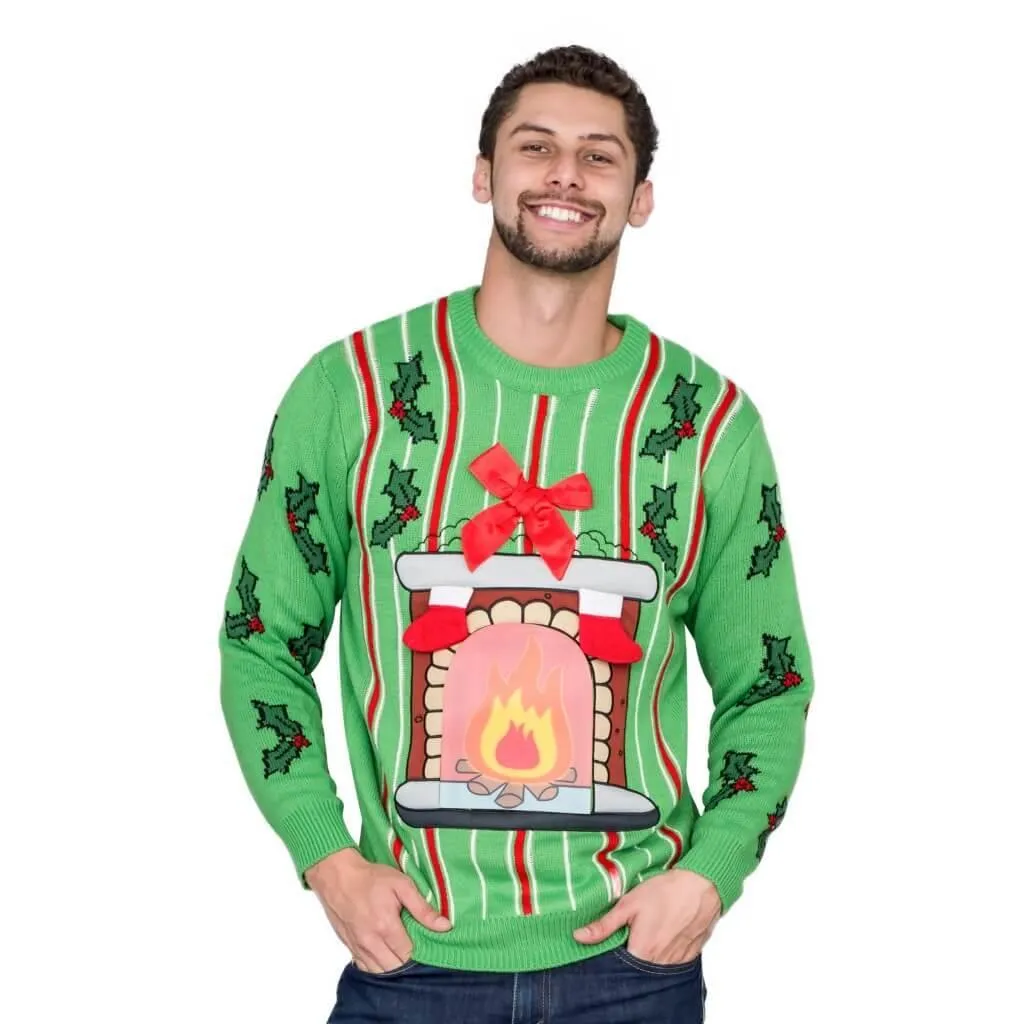 Fireplace LED Light Up Green Ugly Christmas Sweater