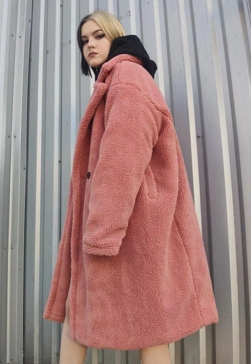 Fleece trench jacket in pastel pink fluffy mac coat in pink