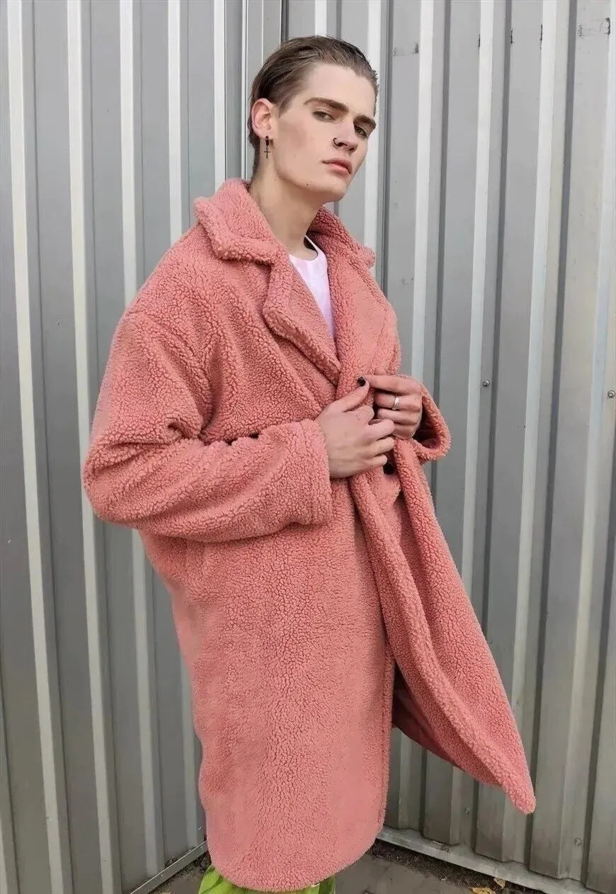 Fleece trench jacket in pastel pink fluffy mac coat in pink