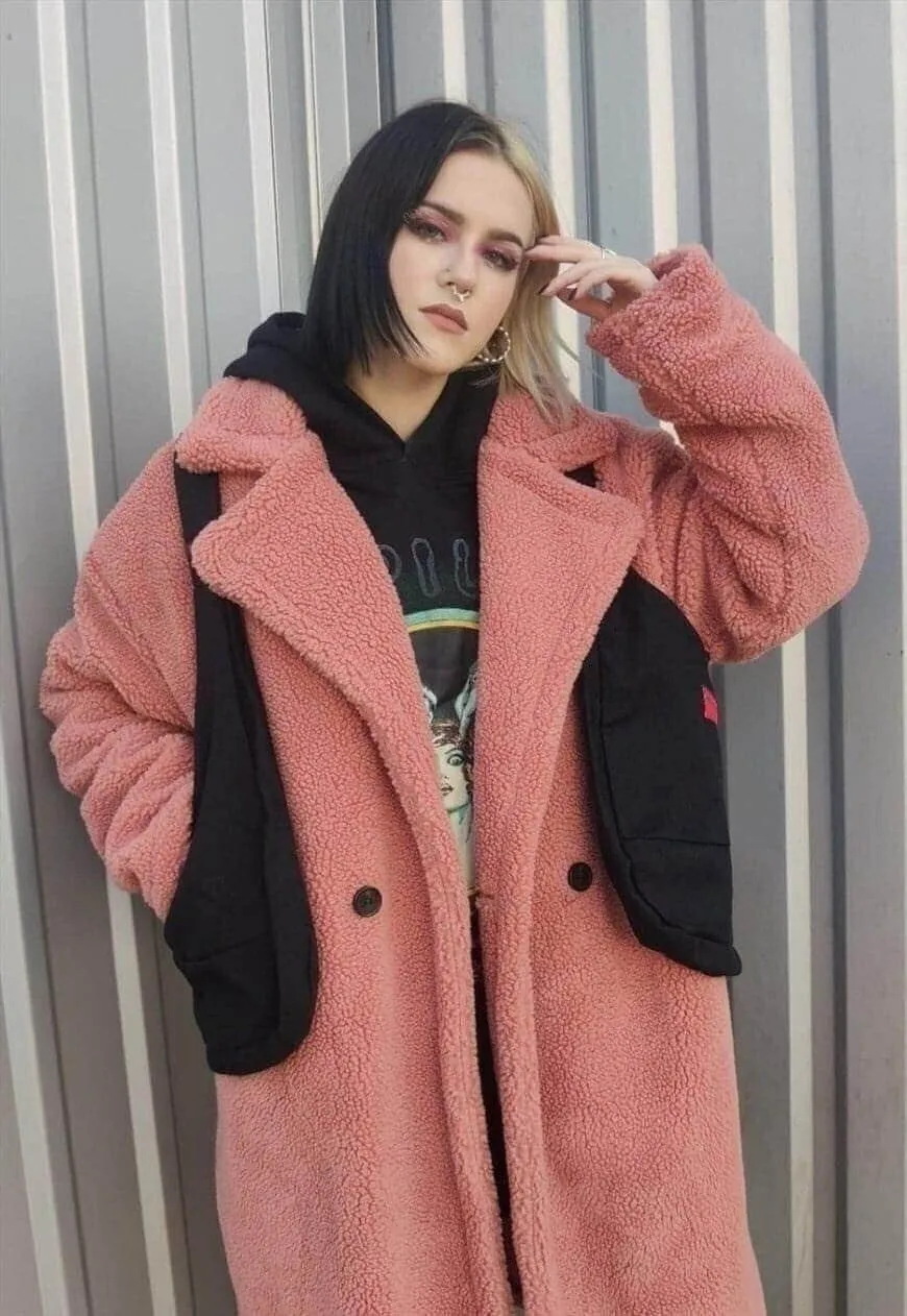 Fleece trench jacket in pastel pink fluffy mac coat in pink