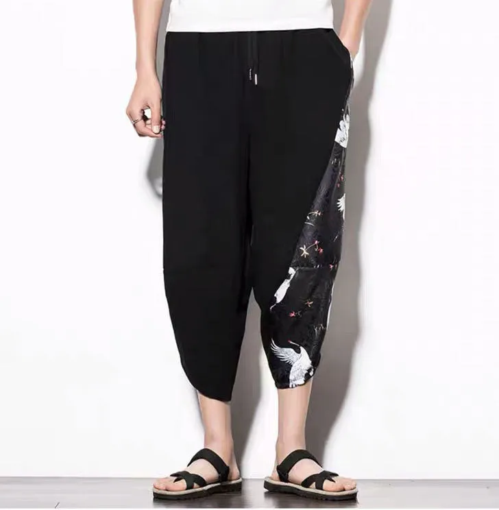 Flying Cranes Drawstring Cropped Pants