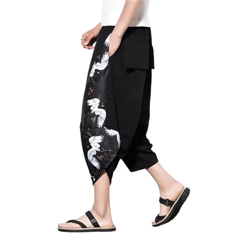 Flying Cranes Drawstring Cropped Pants