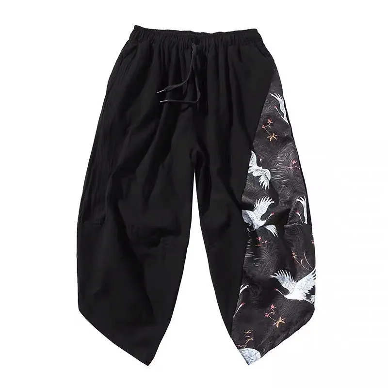 Flying Cranes Drawstring Cropped Pants