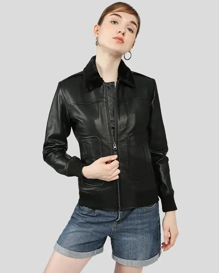 Gemma Black Bomber Leather Jackets with Fur