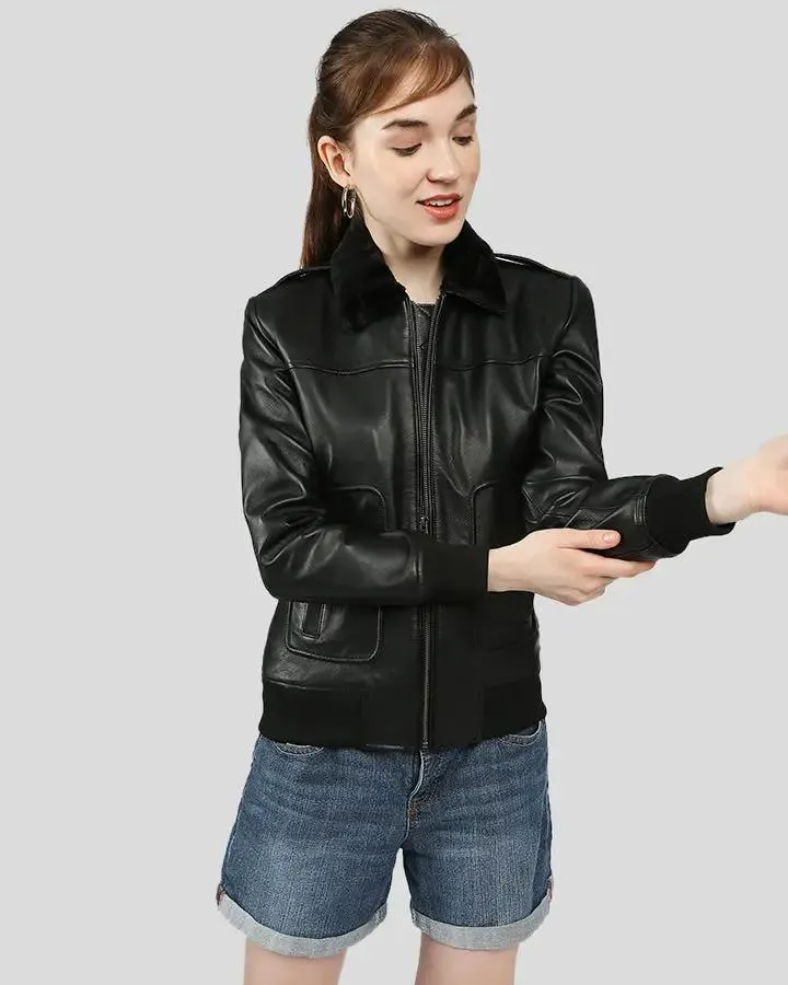 Gemma Black Bomber Leather Jackets with Fur