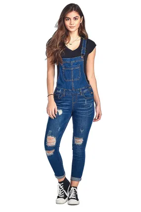 Khanomak Denim Distressed Rolled Cuff Ankle Length Adjustable Straps Skinny Jean Overalls