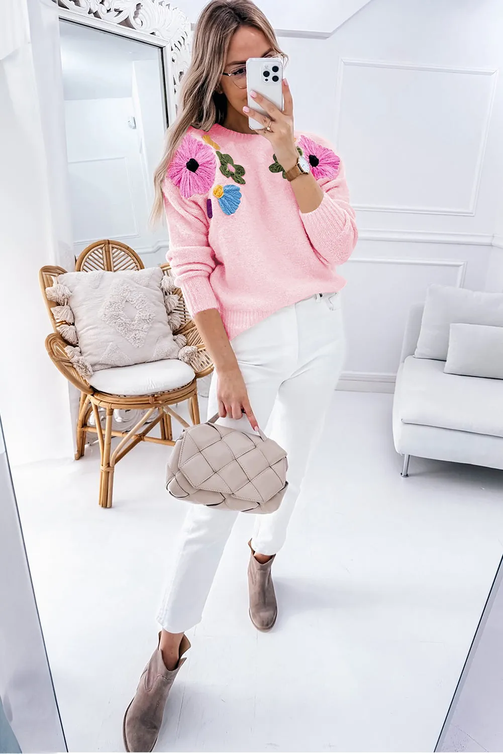 Knitted Flower Pattern Ribbed Edge Sweater