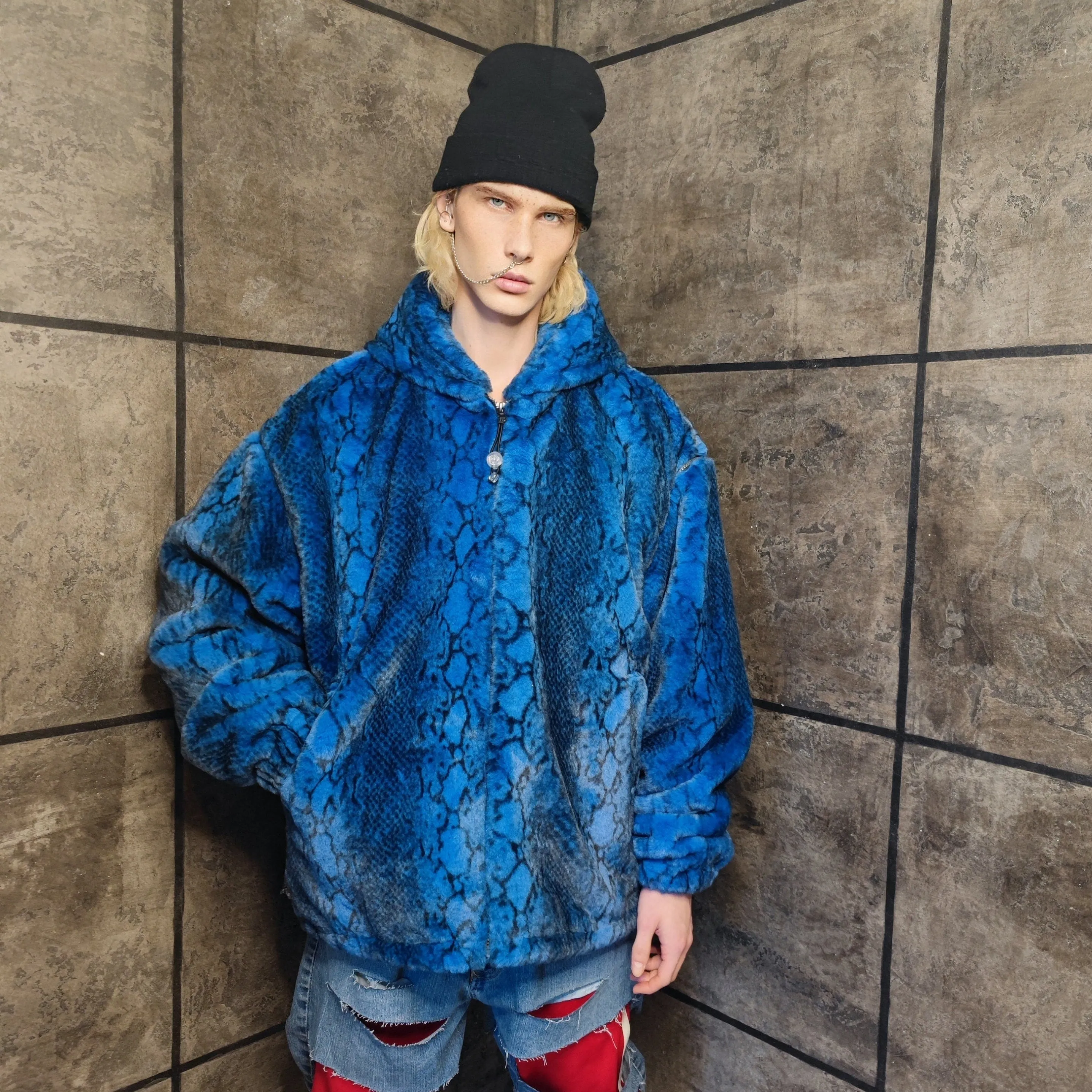 Luxury snake jacket faux fur python print bomber handmade detachable fluffy fleece puffer premium grunge hooded coat in blue