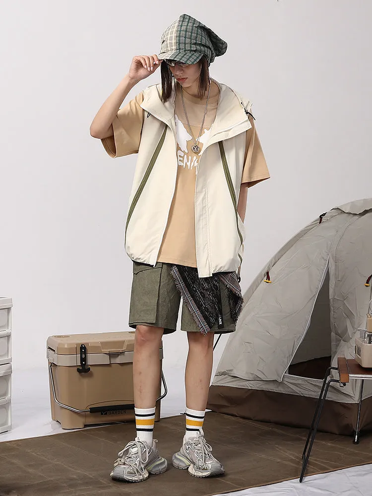 Meichao Mountain system waterproof woven fabric letter printed color stripes elastic rope clip hooded vest