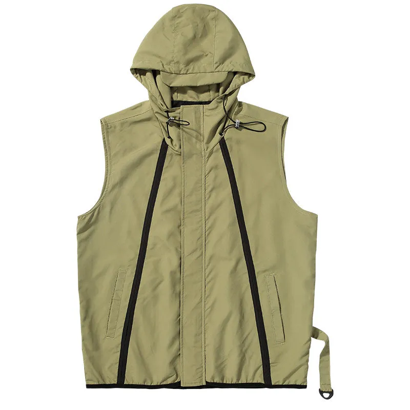 Meichao Mountain system waterproof woven fabric letter printed color stripes elastic rope clip hooded vest