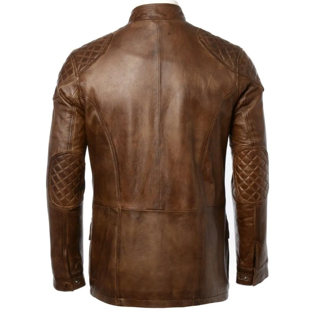 Men's Vintage Brown Racing Long Hip Length Leather Jacket