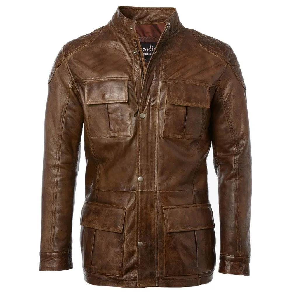 Men's Vintage Brown Racing Long Hip Length Leather Jacket