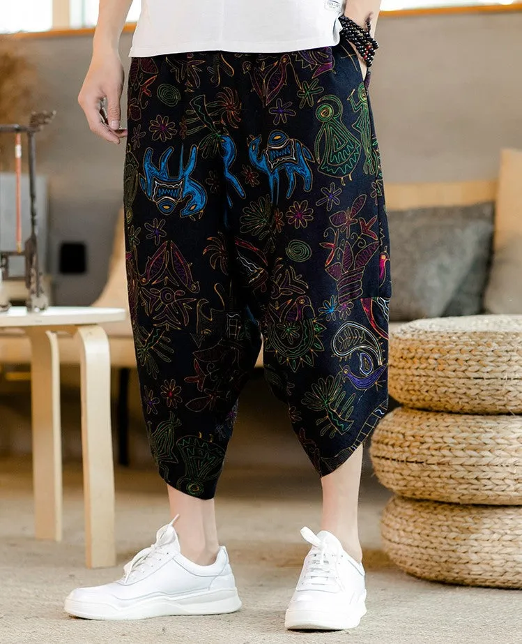 Mural Pattern Drawstring Cropped Pants