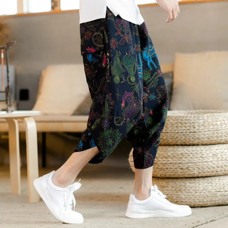 Mural Pattern Drawstring Cropped Pants