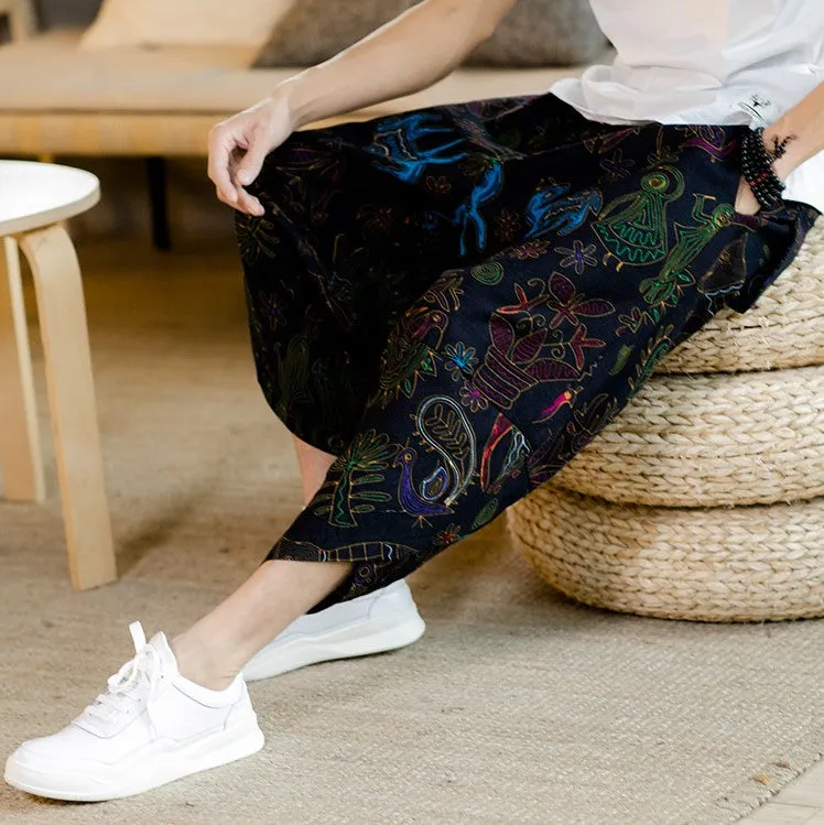 Mural Pattern Drawstring Cropped Pants