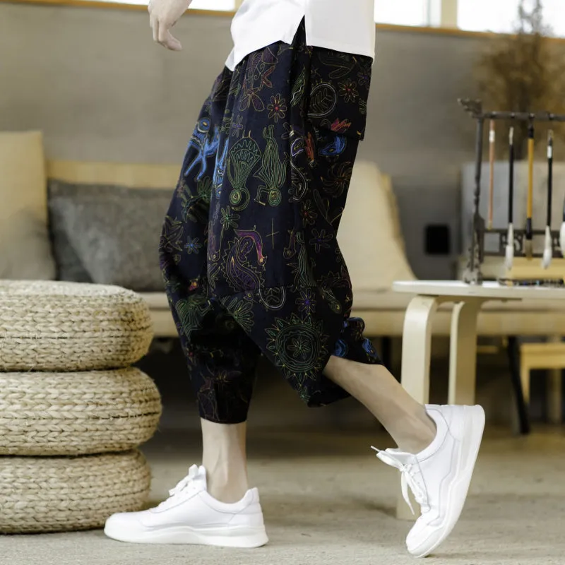 Mural Pattern Drawstring Cropped Pants