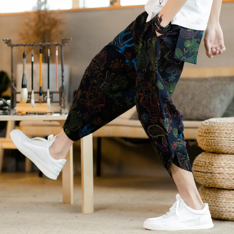 Mural Pattern Drawstring Cropped Pants