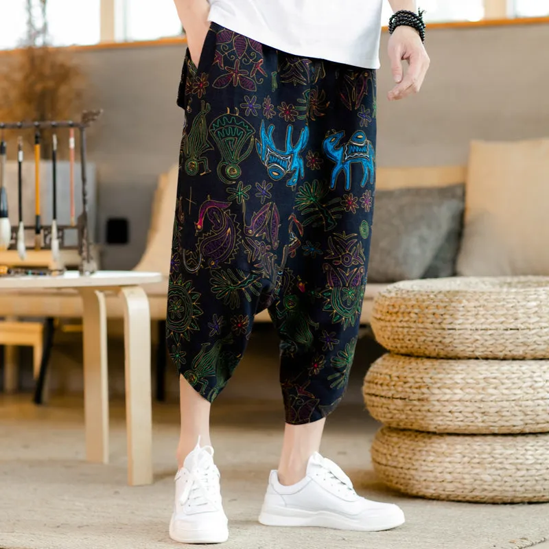 Mural Pattern Drawstring Cropped Pants