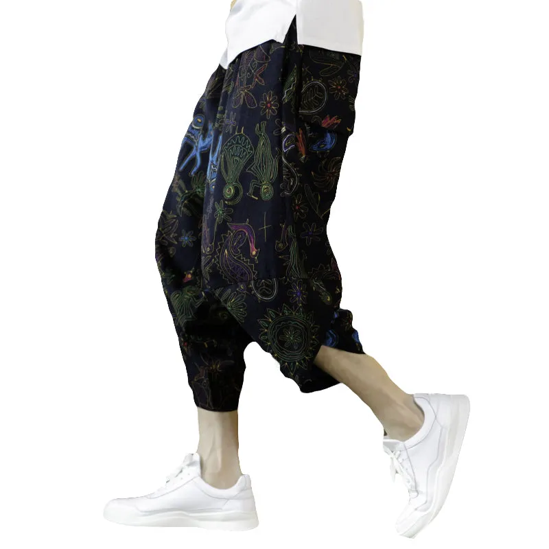 Mural Pattern Drawstring Cropped Pants