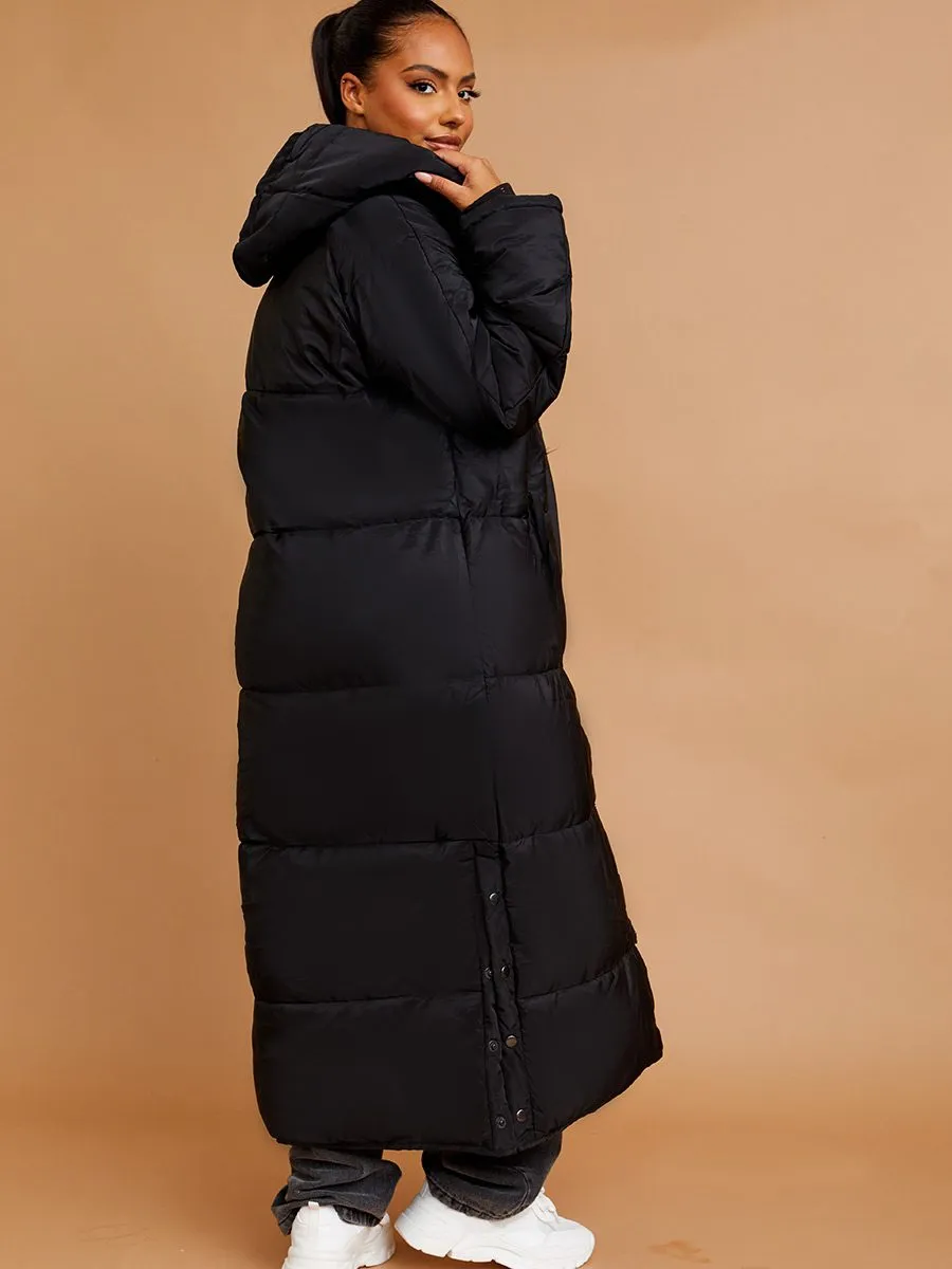 Nicky Longline Quilted Hooded Coat with Button Detail In Black