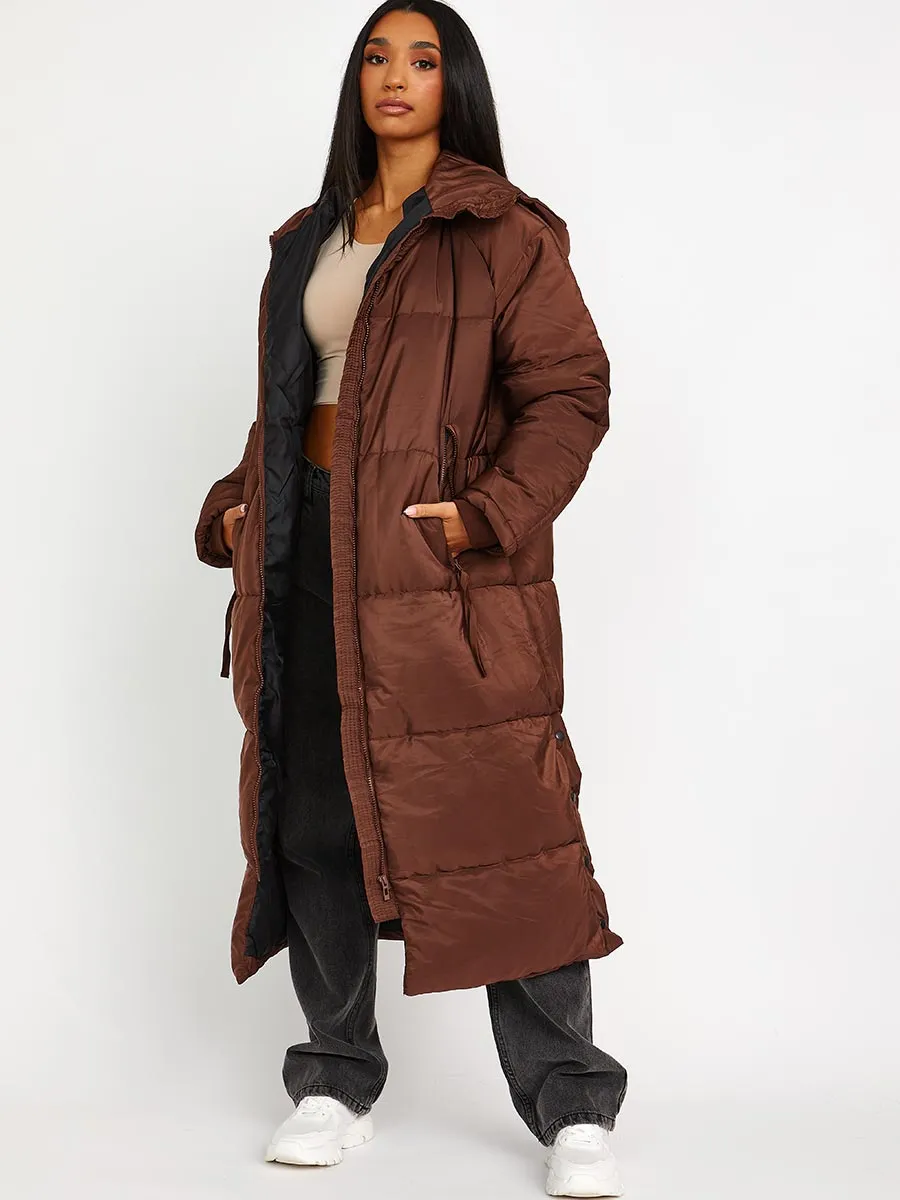 Nicky Longline Quilted Hooded Coat with Button Detail In Brown