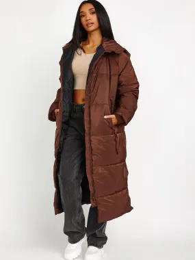 Nicky Longline Quilted Hooded Coat with Button Detail In Brown