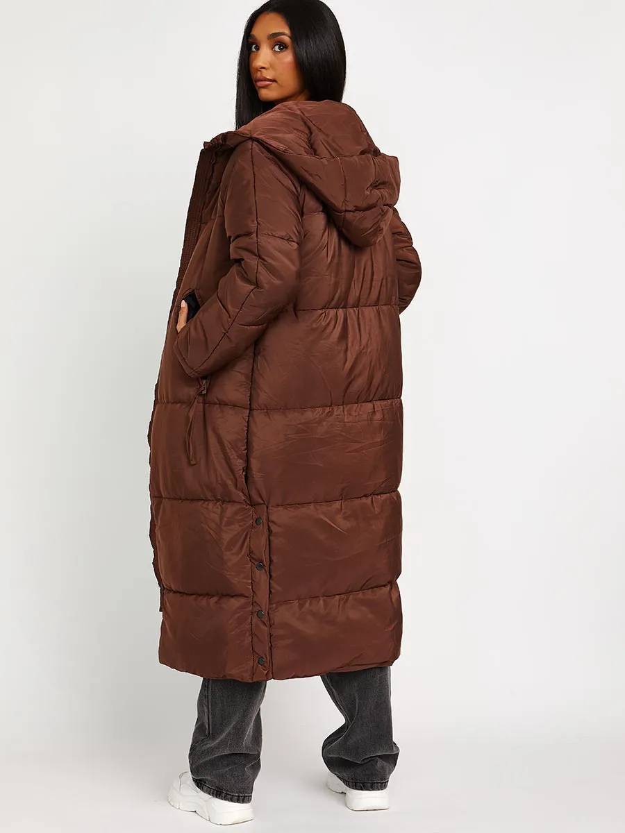 Nicky Longline Quilted Hooded Coat with Button Detail In Brown