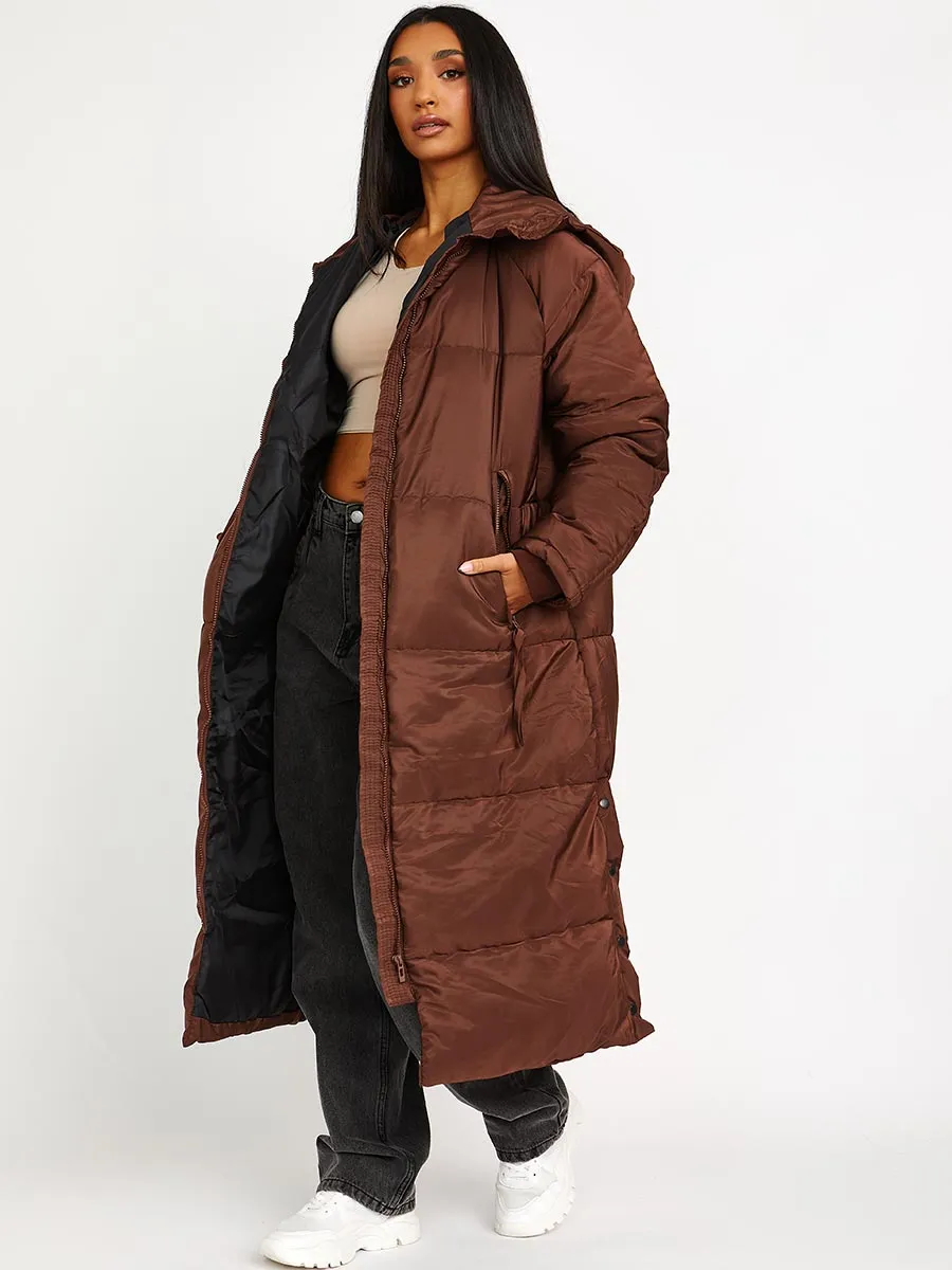 Nicky Longline Quilted Hooded Coat with Button Detail In Brown