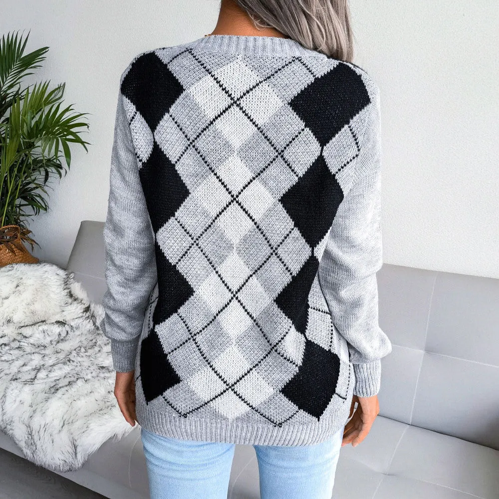 Preppy Ribbed V Neck Long Sleeve Pullover Argyle Knit Sweater