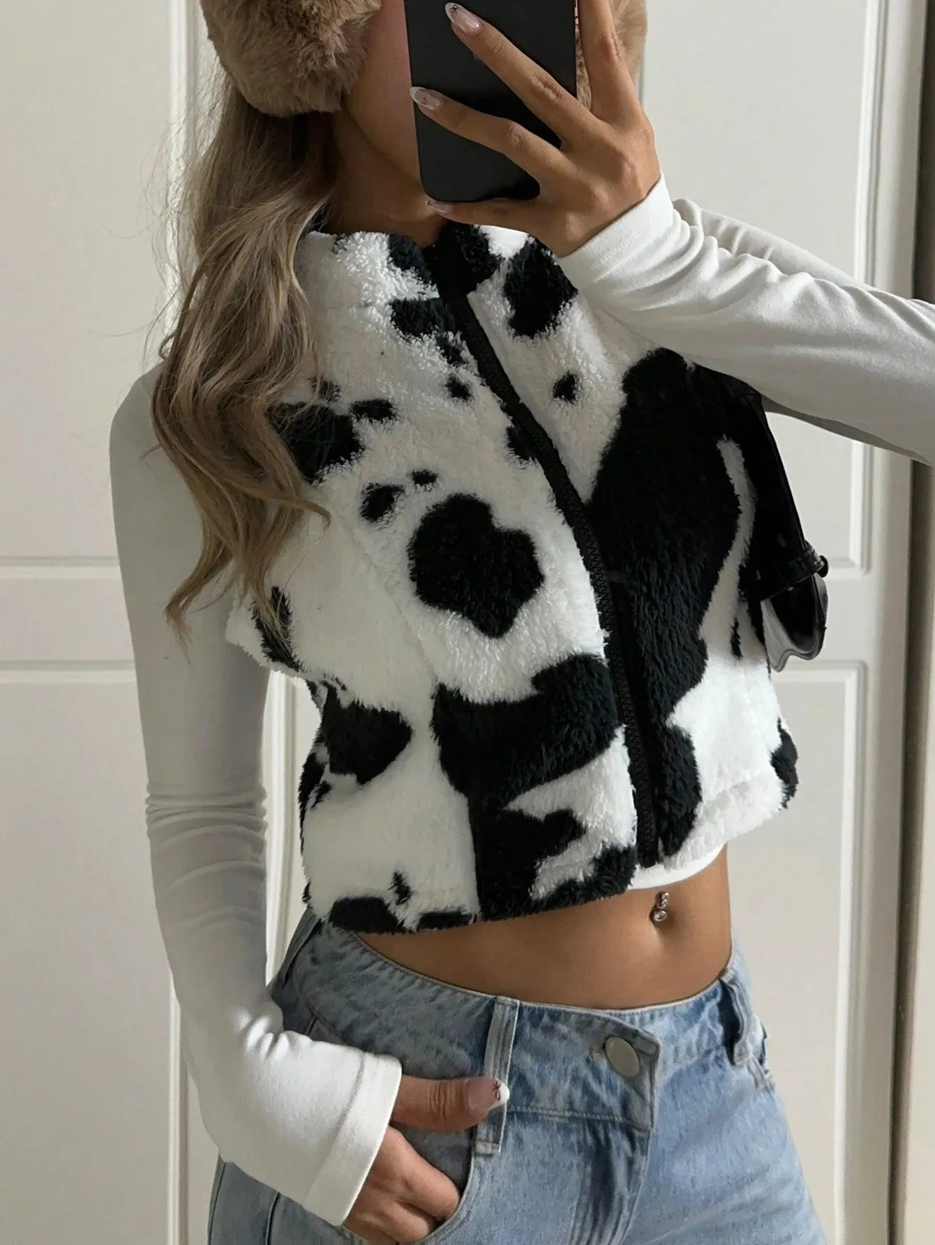 Print Sleeveless Fluffy Cropped Jacket FW24