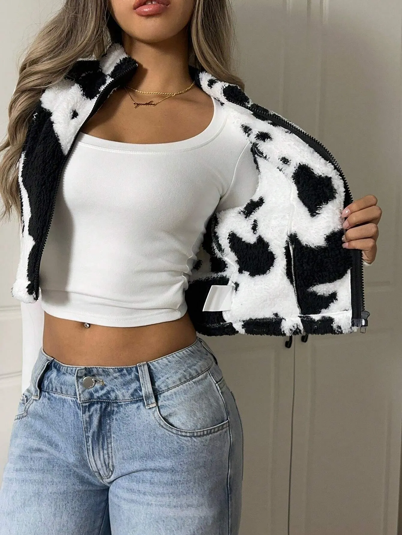 Print Sleeveless Fluffy Cropped Jacket FW24