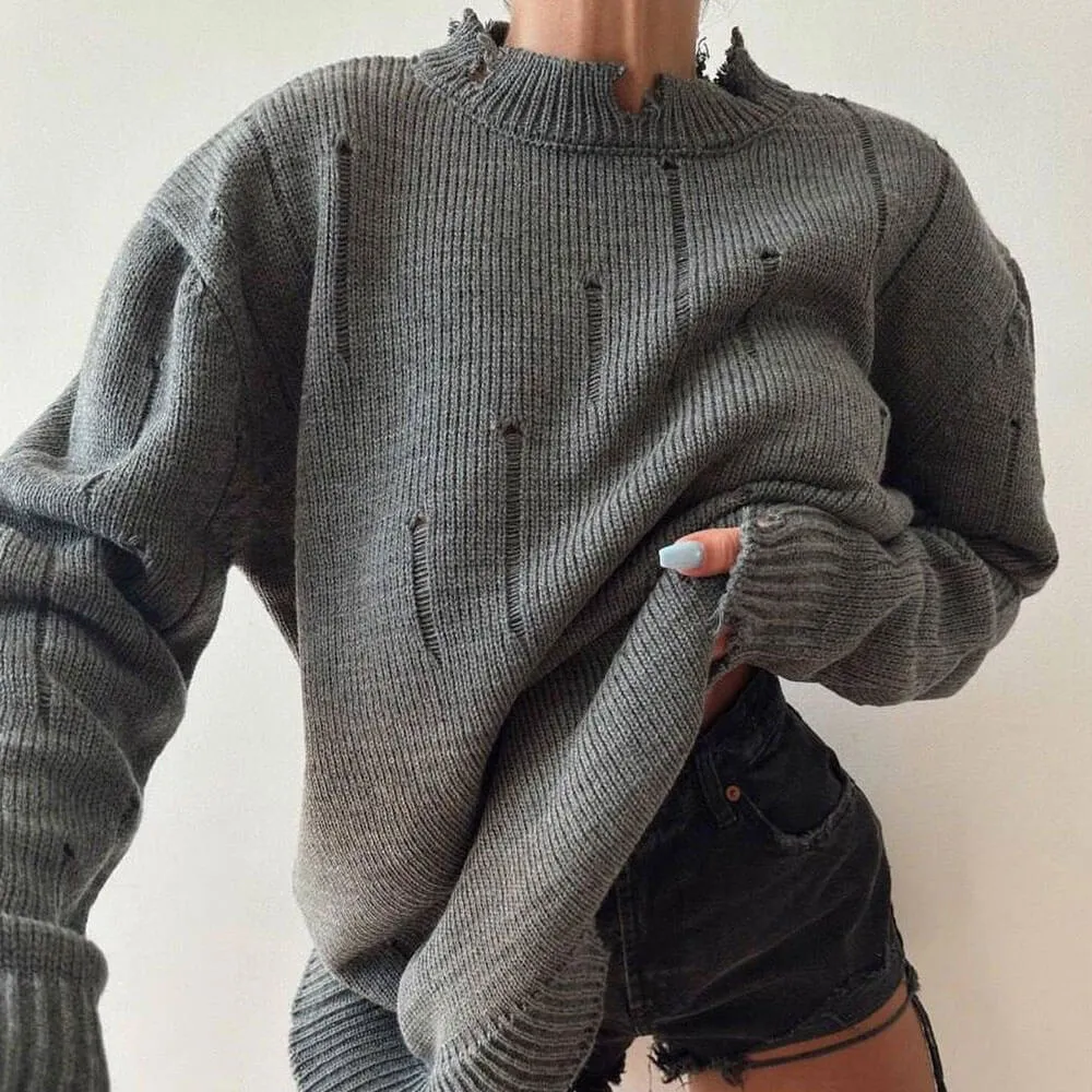 Rugged Frayed Crew Neck Drop Shoulder Long Sleeve Oversized Ripped Knit Sweater