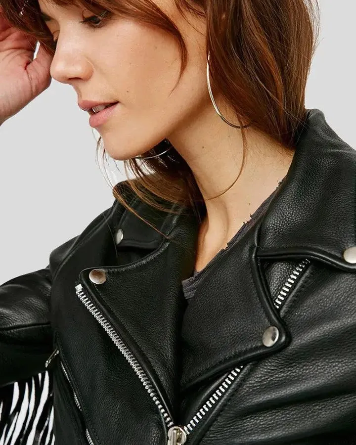 Sloane Black Biker Leather Jacket Tassels