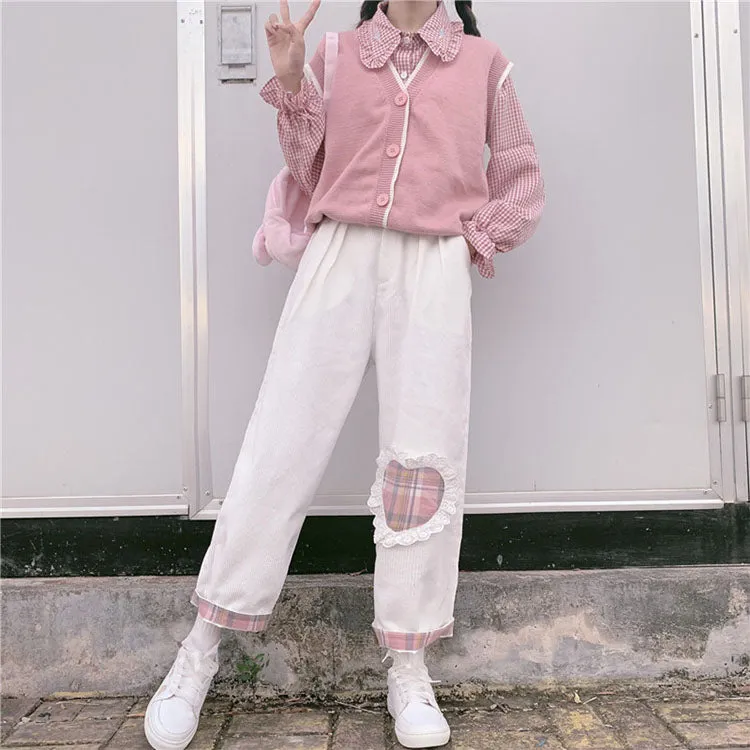 Soft Girl Cute White Heart Plaid Embroidery Pants