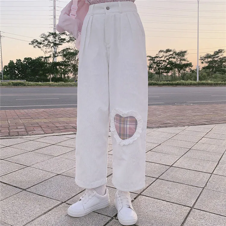 Soft Girl Cute White Heart Plaid Embroidery Pants