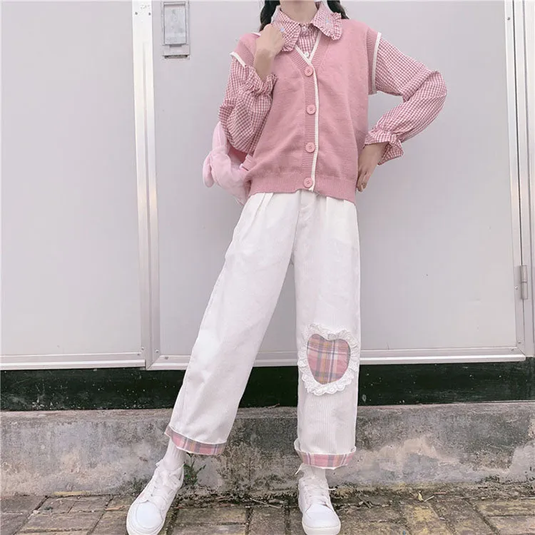 Soft Girl Cute White Heart Plaid Embroidery Pants